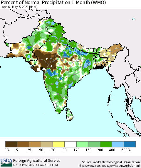 Southern Asia Percent of Normal Precipitation 1-Month (WMO) Thematic Map For 4/6/2021 - 5/5/2021