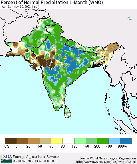 Southern Asia Percent of Normal Precipitation 1-Month (WMO) Thematic Map For 4/11/2021 - 5/10/2021