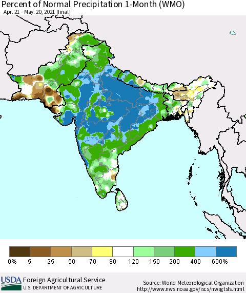 Southern Asia Percent of Normal Precipitation 1-Month (WMO) Thematic Map For 4/21/2021 - 5/20/2021