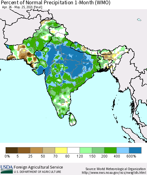 Southern Asia Percent of Normal Precipitation 1-Month (WMO) Thematic Map For 4/26/2021 - 5/25/2021