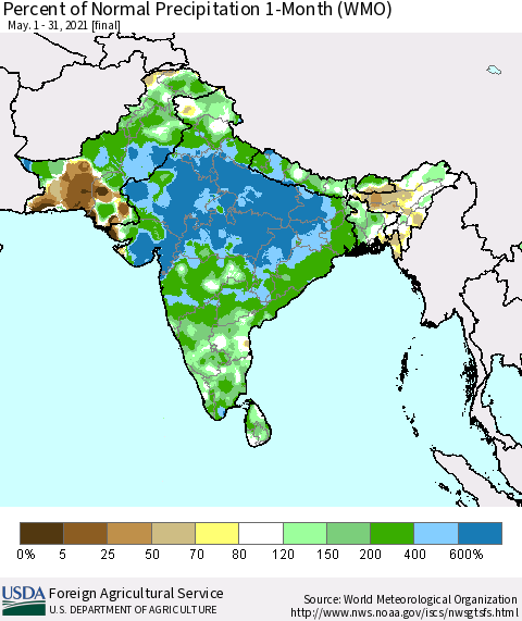 Southern Asia Percent of Normal Precipitation 1-Month (WMO) Thematic Map For 5/1/2021 - 5/31/2021