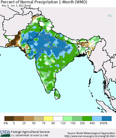 Southern Asia Percent of Normal Precipitation 1-Month (WMO) Thematic Map For 5/6/2021 - 6/5/2021