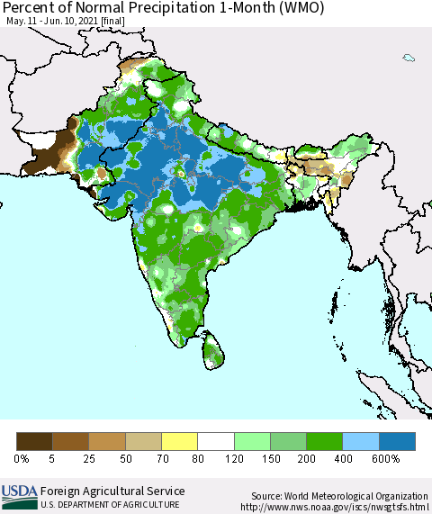 Southern Asia Percent of Normal Precipitation 1-Month (WMO) Thematic Map For 5/11/2021 - 6/10/2021