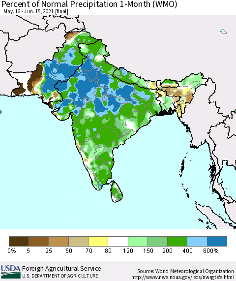 Southern Asia Percent of Normal Precipitation 1-Month (WMO) Thematic Map For 5/16/2021 - 6/15/2021