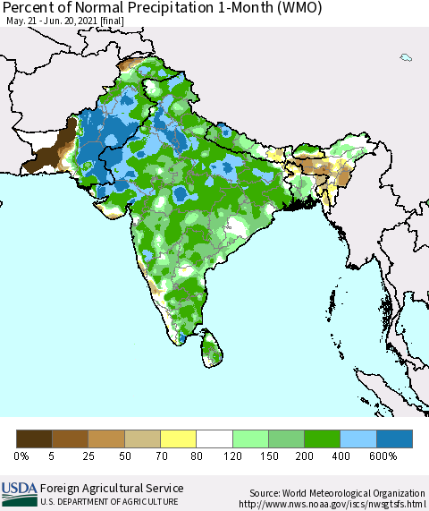 Southern Asia Percent of Normal Precipitation 1-Month (WMO) Thematic Map For 5/21/2021 - 6/20/2021