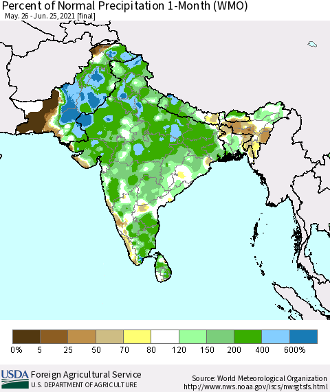 Southern Asia Percent of Normal Precipitation 1-Month (WMO) Thematic Map For 5/26/2021 - 6/25/2021