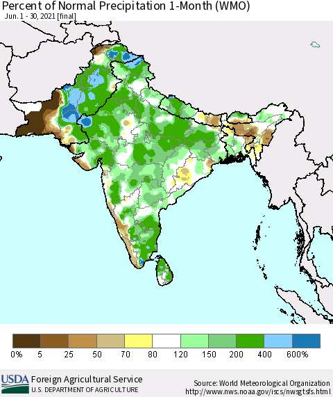 Southern Asia Percent of Normal Precipitation 1-Month (WMO) Thematic Map For 6/1/2021 - 6/30/2021