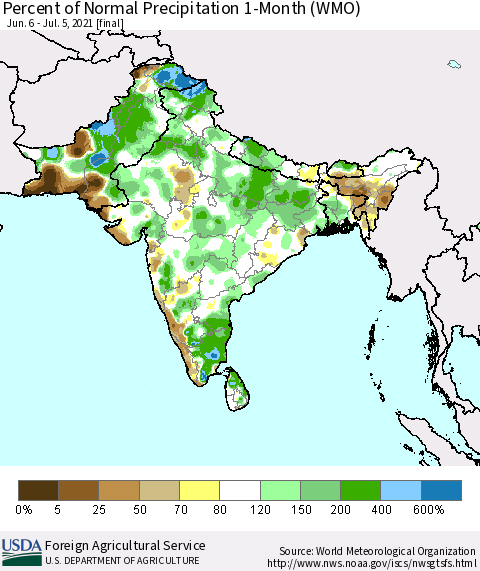 Southern Asia Percent of Normal Precipitation 1-Month (WMO) Thematic Map For 6/6/2021 - 7/5/2021