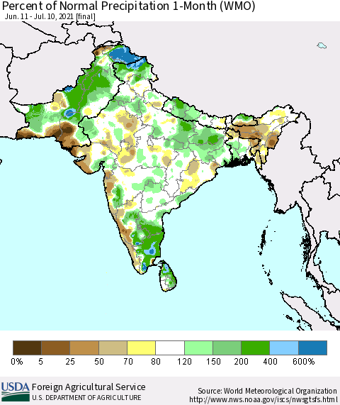 Southern Asia Percent of Normal Precipitation 1-Month (WMO) Thematic Map For 6/11/2021 - 7/10/2021