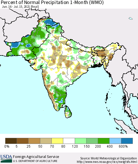 Southern Asia Percent of Normal Precipitation 1-Month (WMO) Thematic Map For 6/16/2021 - 7/15/2021