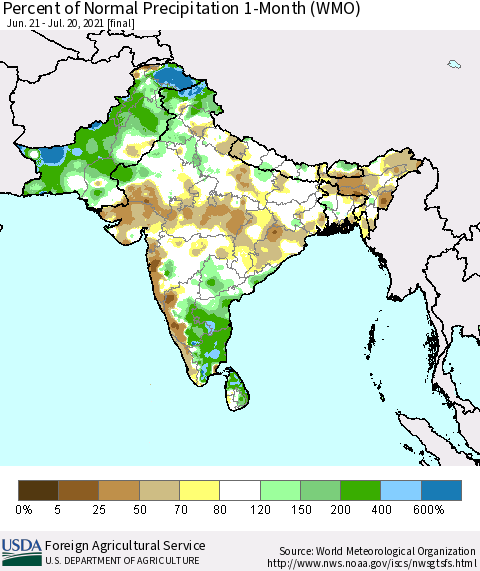 Southern Asia Percent of Normal Precipitation 1-Month (WMO) Thematic Map For 6/21/2021 - 7/20/2021