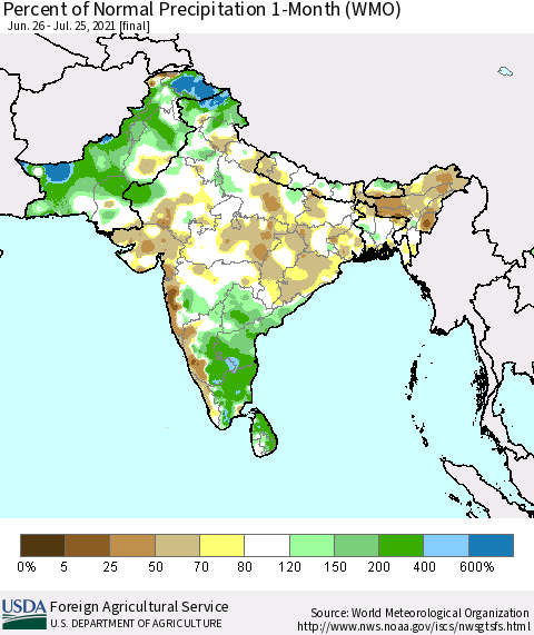 Southern Asia Percent of Normal Precipitation 1-Month (WMO) Thematic Map For 6/26/2021 - 7/25/2021