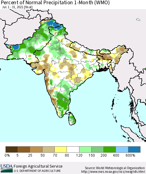 Southern Asia Percent of Normal Precipitation 1-Month (WMO) Thematic Map For 7/1/2021 - 7/31/2021