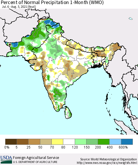 Southern Asia Percent of Normal Precipitation 1-Month (WMO) Thematic Map For 7/6/2021 - 8/5/2021