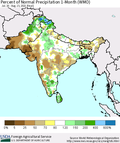 Southern Asia Percent of Normal Precipitation 1-Month (WMO) Thematic Map For 7/16/2021 - 8/15/2021