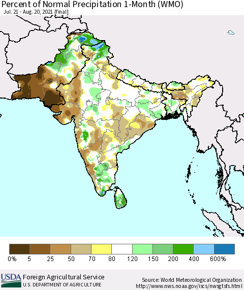 Southern Asia Percent of Normal Precipitation 1-Month (WMO) Thematic Map For 7/21/2021 - 8/20/2021