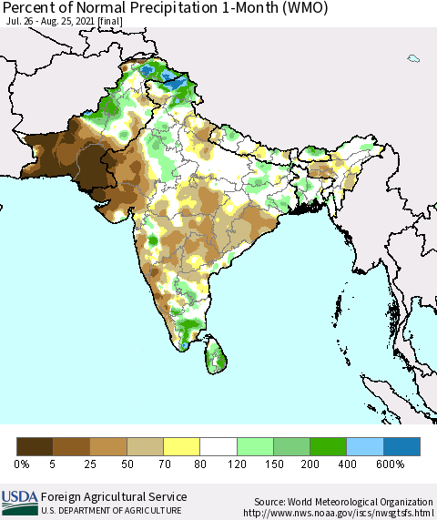 Southern Asia Percent of Normal Precipitation 1-Month (WMO) Thematic Map For 7/26/2021 - 8/25/2021