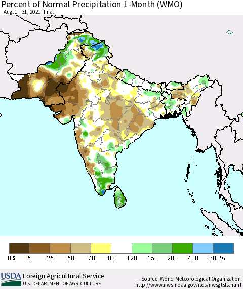 Southern Asia Percent of Normal Precipitation 1-Month (WMO) Thematic Map For 8/1/2021 - 8/31/2021