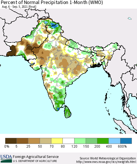 Southern Asia Percent of Normal Precipitation 1-Month (WMO) Thematic Map For 8/6/2021 - 9/5/2021