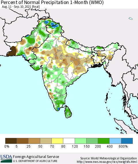 Southern Asia Percent of Normal Precipitation 1-Month (WMO) Thematic Map For 8/11/2021 - 9/10/2021