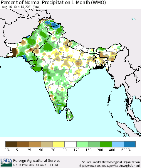 Southern Asia Percent of Normal Precipitation 1-Month (WMO) Thematic Map For 8/16/2021 - 9/15/2021