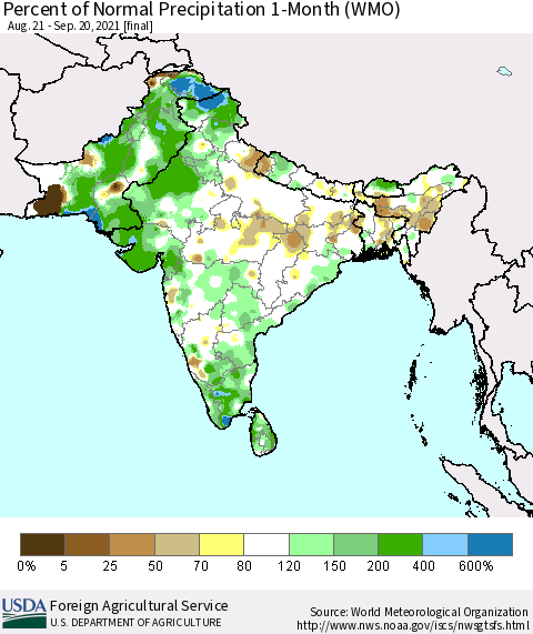 Southern Asia Percent of Normal Precipitation 1-Month (WMO) Thematic Map For 8/21/2021 - 9/20/2021