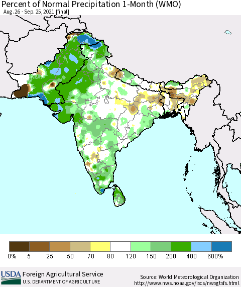 Southern Asia Percent of Normal Precipitation 1-Month (WMO) Thematic Map For 8/26/2021 - 9/25/2021