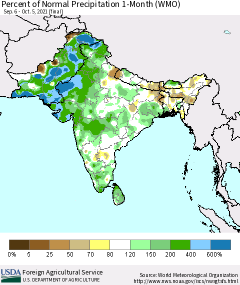 Southern Asia Percent of Normal Precipitation 1-Month (WMO) Thematic Map For 9/6/2021 - 10/5/2021