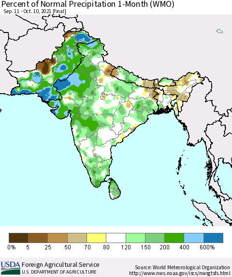 Southern Asia Percent of Normal Precipitation 1-Month (WMO) Thematic Map For 9/11/2021 - 10/10/2021