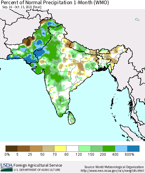 Southern Asia Percent of Normal Precipitation 1-Month (WMO) Thematic Map For 9/16/2021 - 10/15/2021