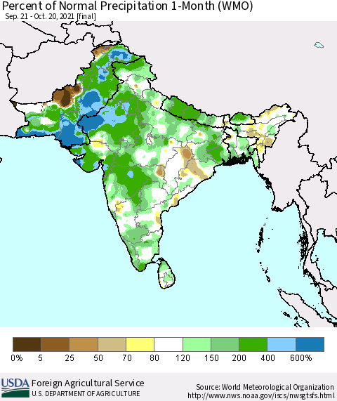Southern Asia Percent of Normal Precipitation 1-Month (WMO) Thematic Map For 9/21/2021 - 10/20/2021