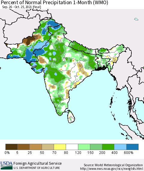 Southern Asia Percent of Normal Precipitation 1-Month (WMO) Thematic Map For 9/26/2021 - 10/25/2021