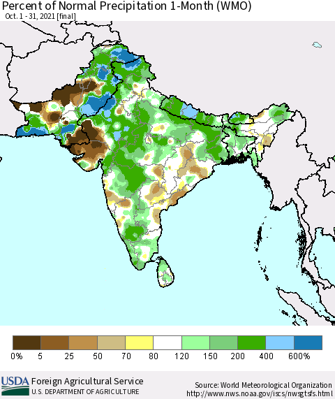 Southern Asia Percent of Normal Precipitation 1-Month (WMO) Thematic Map For 10/1/2021 - 10/31/2021