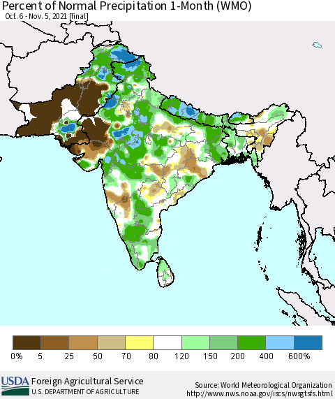 Southern Asia Percent of Normal Precipitation 1-Month (WMO) Thematic Map For 10/6/2021 - 11/5/2021