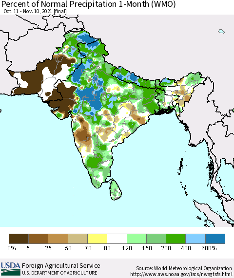 Southern Asia Percent of Normal Precipitation 1-Month (WMO) Thematic Map For 10/11/2021 - 11/10/2021