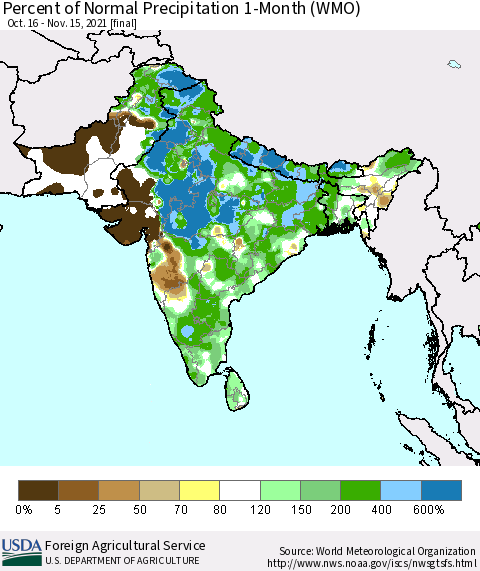 Southern Asia Percent of Normal Precipitation 1-Month (WMO) Thematic Map For 10/16/2021 - 11/15/2021