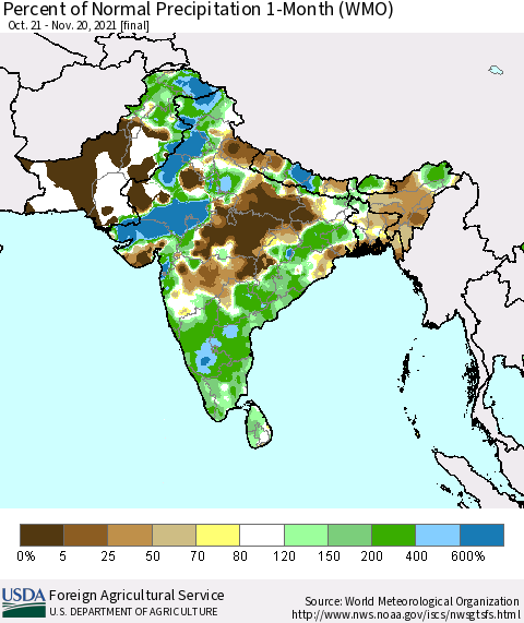Southern Asia Percent of Normal Precipitation 1-Month (WMO) Thematic Map For 10/21/2021 - 11/20/2021