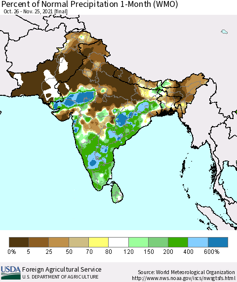 Southern Asia Percent of Normal Precipitation 1-Month (WMO) Thematic Map For 10/26/2021 - 11/25/2021