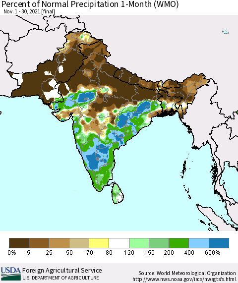 Southern Asia Percent of Normal Precipitation 1-Month (WMO) Thematic Map For 11/1/2021 - 11/30/2021