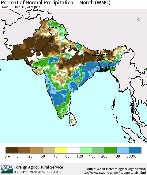 Southern Asia Percent of Normal Precipitation 1-Month (WMO) Thematic Map For 11/11/2021 - 12/10/2021
