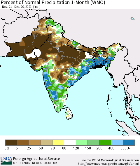 Southern Asia Percent of Normal Precipitation 1-Month (WMO) Thematic Map For 11/21/2021 - 12/20/2021