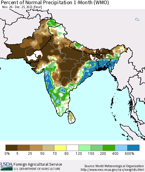 Southern Asia Percent of Normal Precipitation 1-Month (WMO) Thematic Map For 11/26/2021 - 12/25/2021