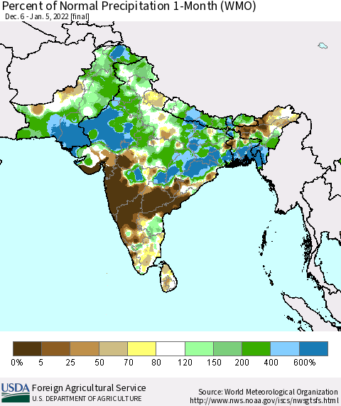 Southern Asia Percent of Normal Precipitation 1-Month (WMO) Thematic Map For 12/6/2021 - 1/5/2022