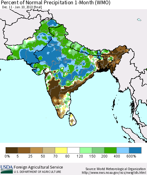 Southern Asia Percent of Normal Precipitation 1-Month (WMO) Thematic Map For 12/11/2021 - 1/10/2022