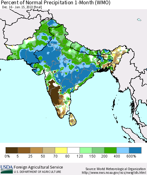 Southern Asia Percent of Normal Precipitation 1-Month (WMO) Thematic Map For 12/16/2021 - 1/15/2022