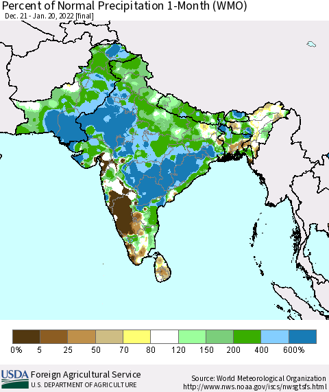 Southern Asia Percent of Normal Precipitation 1-Month (WMO) Thematic Map For 12/21/2021 - 1/20/2022