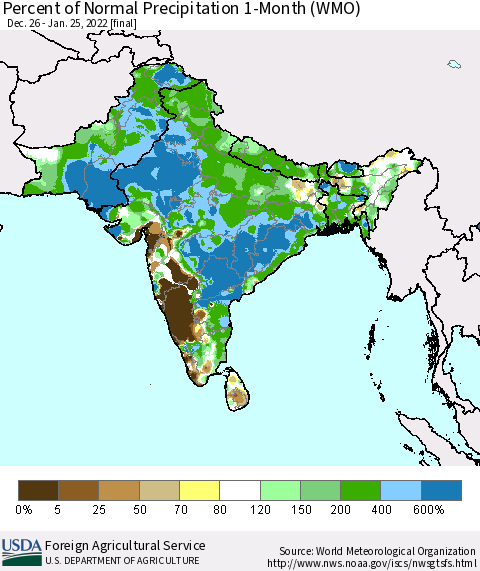 Southern Asia Percent of Normal Precipitation 1-Month (WMO) Thematic Map For 12/26/2021 - 1/25/2022