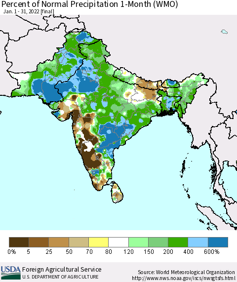 Southern Asia Percent of Normal Precipitation 1-Month (WMO) Thematic Map For 1/1/2022 - 1/31/2022