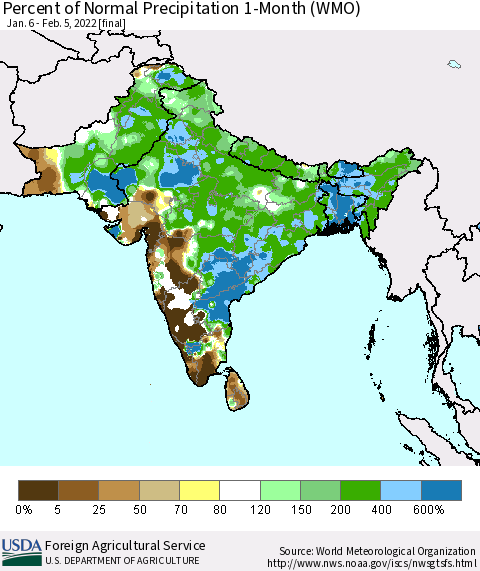 Southern Asia Percent of Normal Precipitation 1-Month (WMO) Thematic Map For 1/6/2022 - 2/5/2022