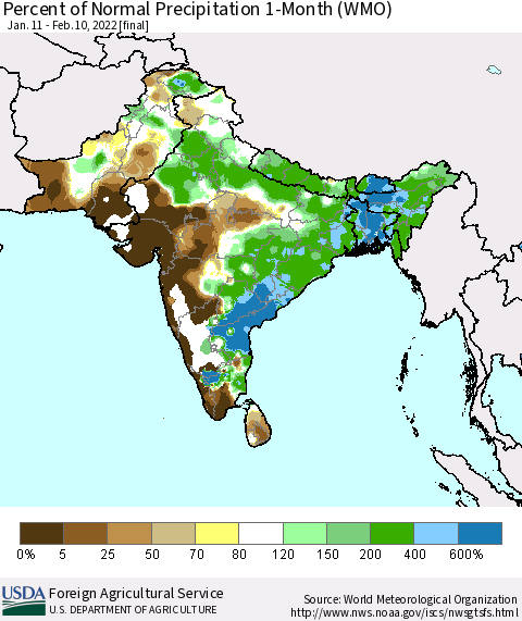 Southern Asia Percent of Normal Precipitation 1-Month (WMO) Thematic Map For 1/11/2022 - 2/10/2022